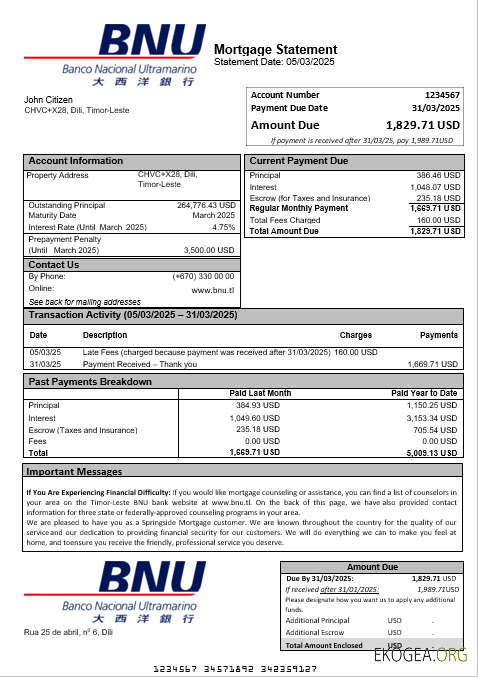 Timor, Leste Relevé d'hypothèque bancaire BNU aux formats Word et PDF